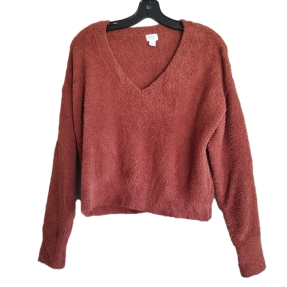 Stars Above Teddy V-Neck Cropped Pullover Lounge Sweater Size Medium